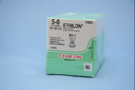 J & J Healthcare Systems Ethilon Suture with Needle Nonabsorbable Uncoated Black Suture Monofilament Nylon Size 5-0 18 Inch Suture Double-Armed 8 mm Length 1/4 Circle Center Point Spatula Needle - 749G