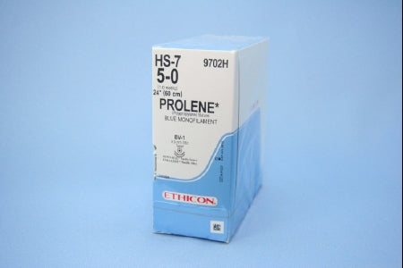 J & J Healthcare Systems Prolene Suture with Needle Nonabsorbable Uncoated Blue Suture Monofilament Polypropylene Suture Size 5-0 24 Inch Suture Double-Armed 9.3 mm Length 3/8 Circle Taper Point Needle - 9702H