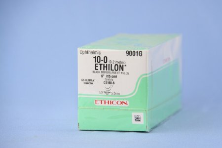 J & J Healthcare Systems Ethilon Suture with Needle Nonabsorbable Uncoated Black Suture Monofilament Nylon Size 10-0 6 Inch Suture Double-Armed 5.5 mm Length 1/2 Circle Spatula Needle - 9001G
