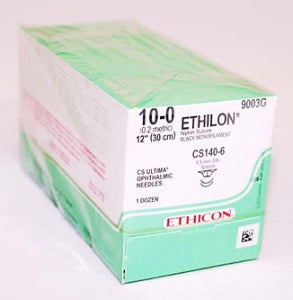 J & J Healthcare Systems Ethilon Suture with Needle Nonabsorbable Uncoated Black Suture Monofilament Nylon Size 10-0 12 Inch Suture Double-Armed 6.5 mm Length 3/8 Circle Spatula Needle - 9003G