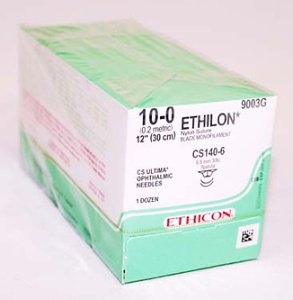 Ethilon - Suture with Needle Nonabsorbable Uncoated Black Suture Monofilament Nylon Size 10 - 0 12 Inch Suture Double-Armed 6.5 mm Length 3/8 Circle Spatula Needle - 9003G