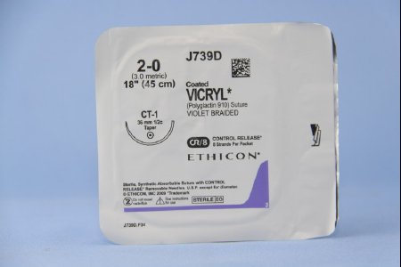J & J Healthcare Systems Coated Vicryl Suture with Needle Absorbable Coated Violet Suture Braided Polyglactin 910 Size 2-0 18 Inch Suture 1-Needle 36 mm Length 1/2 Circle Taper Point Needle - J739D