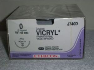 J & J Healthcare Systems Coated Vicryl Suture with Needle Absorbable Coated Violet Suture Braided Polyglactin 910 Size 0 18 Inch Suture 1-Needle 36 mm Length 1/2 Circle Taper Point Needle - J740D