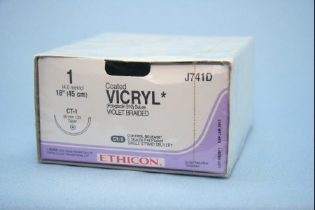 J & J Healthcare Systems Coated Vicryl Suture with Needle Absorbable Coated Violet Suture Braided Polyglactin 910 Size 1 18 Inch Suture 1-Needle 36 mm Length 1/2 Circle Taper Point Needle - J741D