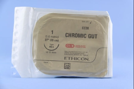 J & J Healthcare Systems Suture with Needle Absorbable Uncoated Undyed Suture Chromic Gut Size 1 27 Inch Suture 1-Needle 36.4 mm Length 1/2 Circle Taper Point Needle - 4925H