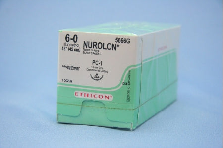 J & J Healthcare Systems Nurolon Suture with Needle Nonabsorbable Coated Black Suture Braided Nylon Size 6-0 18 Inch Suture 1-Needle 13 mm Length 3/8 Circle Precision Cosmetic - Conventional Cutting PRIME Needle - 5666G