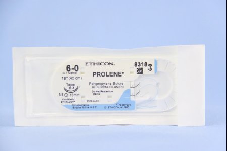 Prolene - Suture with Needle Nonabsorbable Uncoated Blue Suture Monofilament Polypropylene Suture Size 6 - 0 18 Inch Suture Double-Armed 12 mm Length 3/8 Circle Taper Point Needle - 8318H