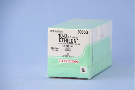 J & J Healthcare Systems Ethilon Suture with Needle Nonabsorbable Uncoated Black Suture Monofilament Nylon Size 10-0 12 Inch Suture Double-Armed 5 mm Length 1/2 Circle Spatula Needle - 9005G