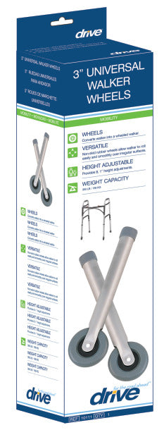 Drive Medical 3" Universal Walker Wheels with Two Sets of Rear Glides