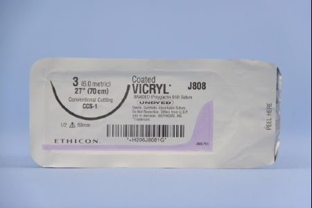Coated Vicryl - Suture with Needle Absorbable Coated Undyed Suture Braided Polyglactin 910 Size 3 27 Inch Suture 1-Needle 60 mm Length 1/2 Circle Conventional Cutting Sternum Needle - J808T