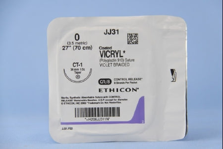 J & J Healthcare Systems Coated Vicryl Suture with Needle Absorbable Coated Violet Suture Braided Polyglactin 910 Size 0 27 Inch Suture 1-Needle 36 mm Length 1/2 Circle Taper Point Needle - JJ31G