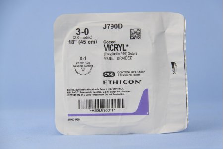Coated Vicryl - Suture with Needle Absorbable Coated Violet Suture Braided Polyglactin 910 Size 3 - 0 18 Inch Suture 1-Needle 22 mm Length 1/2 Circle Reverse Cutting Needle - J790D