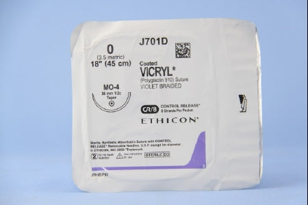 J & J Healthcare Systems Coated Vicryl Suture with Needle Absorbable Coated Violet Suture Braided Polyglactin 910 Size 0 18 Inch Suture 1-Needle 36.4 mm Length 1/2 Circle Taper Point Needle - J701D