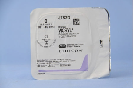 J & J Healthcare Systems Coated Vicryl Suture with Needle Absorbable Coated Violet Suture Braided Polyglactin 910 Size 0 18 Inch Suture 1-Needle 40 mm Length 1/2 Circle Taper Point Needle - J752D