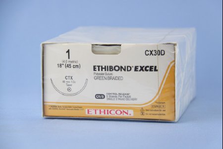 Ethibond - Suture with Needle Nonabsorbable Coated Green Suture Braided Polyester Size 1 18 Inch Suture 1-Needle 48 mm Length 1/2 Circle Taper Point Needle - CX30D
