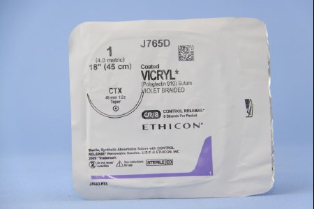 J & J Healthcare Systems Coated Vicryl Suture with Needle Absorbable Coated Violet Suture Braided Polyglactin 910 Size 1 18 Inch Suture 1-Needle 48 mm Length 1/2 Circle Taper Point Needle - J765D