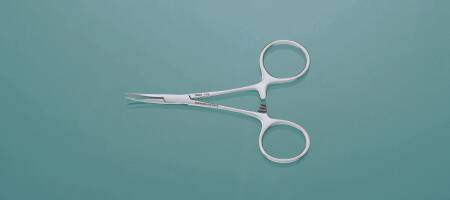 Miltex MeisterHand Hemostatic Forceps Hartmann-Mosquito 3-1/2 Inch Surgical Grade Stainless Steel (German) NonSterile Ratchet Lock Finger Ring Handle Curved Serrated Tips - H7-26