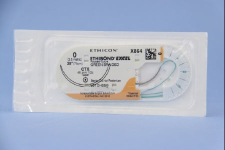 J & J Healthcare Systems Ethibond Suture with Needle Nonabsorbable Coated Green Suture Braided Polyester Size 0 30 Inch Suture 1-Needle 48 mm Length 1/2 Circle Taper Point Needle - X864H
