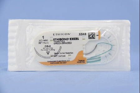 Ethibond - Suture with Needle Nonabsorbable Coated Green Suture Braided Polyester Size 1 30 Inch Suture 1-Needle 40 mm Length 1/2 Circle Reverse Cutting Needle - X548H