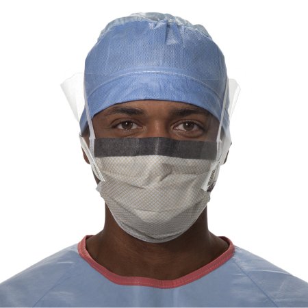 FluidShield - Surgical Mask with Eye Shield Anti-fog Foam Pleated Tie Closure One Size Fits Most Blue / Orange NonSterile ASTM F2100-11 Level 2 Adult - 62114