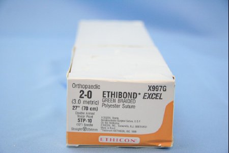 J & J Healthcare Systems Ethibond Suture with Needle Nonabsorbable Coated Green Suture Braided Polyester Size 2-0 27 Inch Suture Double-Armed 25.4 mm Length Straight Trocar Point Needle - X997G