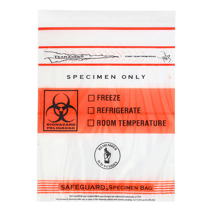 Minigrip Safeguard Specimen Transport Bag with Document Pouch 6 X 9 Inch Polyethylene Biohazard Symbol / Storage Instructions Zip Closure NonSterile - ZMGTZ69RDABS