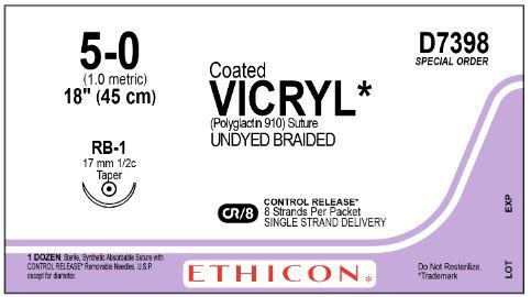 J & J Healthcare Systems Coated Vicryl Suture with Needle Absorbable Coated Undyed Suture Braided Polyglactin 910 Size 5-0 18 Inch Suture 1-Needle 17 mm Length 1/2 Circle Taper Point Needle - D7398