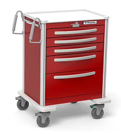 Waterloo Healthcare Medical UTGLA-33669-RED 5 Drawer Aluminum Emergency Cart Lever Lock, Red/Light Gray - Tall