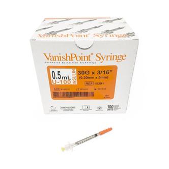 VanishPoint - Insulin Syringe with Needle 0.5 mL 30 Gauge 3/16 Inch Regular Wall Retractable Safety Needle - 15291