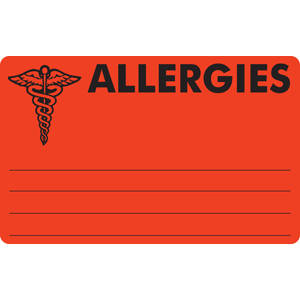 Tabbies Allergy Labels, "Allergies" Fluorescent Red - 4"W x 2-1/2"H, 100 per Roll - MAP486
