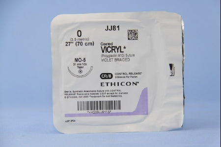 J & J Healthcare Systems Coated Vicryl Suture with Needle Absorbable Coated Violet Suture Braided Polyglactin 910 Size 0 27 Inch Suture 1-Needle 31 mm Length 1/2 Circle Taper Point Needle - JJ81G