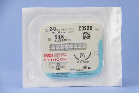 J & J Healthcare Systems Perma-Hand Suture with Needle Nonabsorbable Coated Black Suture Braided Silk Size 2-0 18 Inch Suture 1-Needle 36 mm Length 1/2 Circle Taper Point Needle - C022D