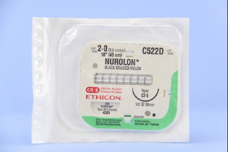 J & J Healthcare Systems Nurolon Suture with Needle Nonabsorbable Coated Black Suture Braided Nylon Size 2-0 18 Inch Suture 1-Needle 36 mm Length 1/2 Circle Taper Point Needle - C522D