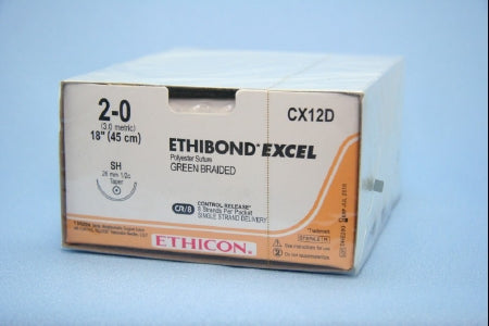 Ethibond - Suture with Needle Nonabsorbable Coated Green Suture Braided Polyester Size 2 - 0 18 Inch Suture 1-Needle 26 mm Length 1/2 Circle Taper Point Needle - CX12D