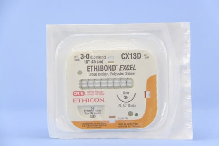 Ethibond - Suture with Needle Nonabsorbable Coated Green Suture Braided Polyester Size 3 - 0 18 Inch Suture 1-Needle 26 mm Length 1/2 Circle Taper Point Needle - CX13D