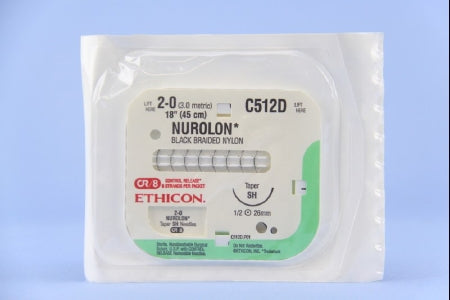 J & J Healthcare Systems Nurolon Suture with Needle Nonabsorbable Coated Black Suture Braided Nylon Size 2-0 18 Inch Suture 1-Needle 26 mm Length 1/2 Circle Taper Point Needle - C512D