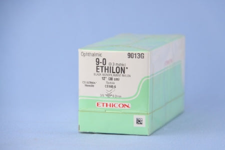 J & J Healthcare Systems Ethilon Suture with Needle Nonabsorbable Uncoated Black Suture Monofilament Nylon Size 9-0 12 Inch Suture Double-Armed 6.5 mm Length 3/8 Circle Spatula Needle - 9013G