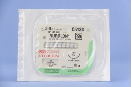 J & J Healthcare Systems Nurolon Suture with Needle Nonabsorbable Coated Black Suture Braided Nylon Size 3-0 18 Inch Suture 1-Needle 26 mm Length 1/2 Circle Taper Point Needle - C513D