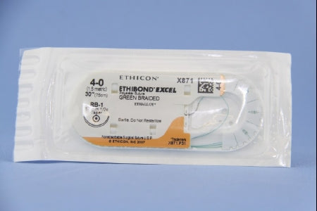 Ethibond - Suture with Needle Nonabsorbable Coated Green Suture Braided Polyester Size 4 - 0 30 Inch Suture 1-Needle 17 mm Length 1/2 Circle Taper Point Needle - X871H