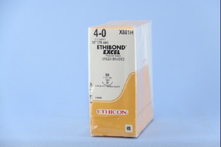 Ethibond - Suture with Needle Nonabsorbable Coated Green Suture Braided Polyester Size 4 - 0 30 Inch Suture 1-Needle 17 mm Length 3/8 Circle Taper Point Needle - X881H