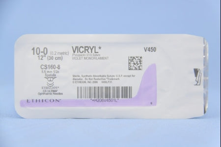 Coated Vicryl - Suture with Needle Absorbable Coated Violet Suture Braided Polyglactin 910 Size 10 - 0 12 Inch Suture Double-Armed 5.5 mm Length 1/2 Circle Spatula Needle - V450G