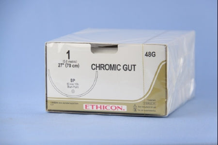 J & J Healthcare Systems Suture with Needle Absorbable Uncoated Undyed Suture Chromic Gut Size 1 27 Inch Suture 1-Needle 80 mm Length 1/2 Circle Blunt Point Needle - 48G