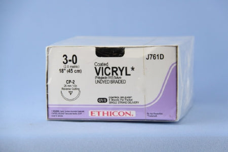 Coated Vicryl - Suture with Needle Absorbable Coated Undyed Suture Braided Polyglactin 910 Size 3 - 0 18 Inch Suture 1-Needle 26 mm Length 1/2 Circle Reverse Cutting Needle - J761D