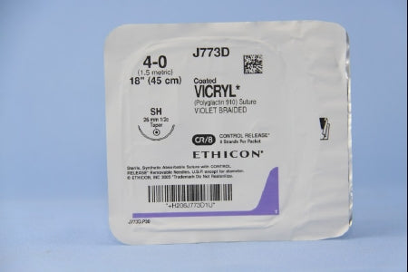 Coated Vicryl - Suture with Needle Absorbable Coated Violet Suture Braided Polyglactin 910 Size 4 - 0 18 Inch Suture 1-Needle 26 mm Length 1/2 Circle Taper Point Needle - J773D