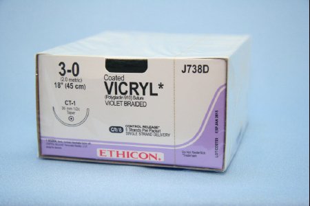 J & J Healthcare Systems Coated Vicryl Suture with Needle Absorbable Coated Violet Suture Braided Polyglactin 910 Size 3-0 18 Inch Suture 1-Needle 36 mm Length 1/2 Circle Taper Point Needle - J738D