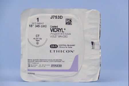 Coated Vicryl - Suture with Needle Absorbable Coated Violet Suture Braided Polyglactin 910 Size 1 18 Inch Suture 1-Needle 40 mm Length 1/2 Circle Taper Point Needle - J753D