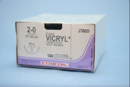 J & J Healthcare Systems Coated Vicryl Suture with Needle Absorbable Coated Violet Suture Braided Polyglactin 910 Size 2-0 18 Inch Suture 1-Needle 36.4 mm Length 1/2 Circle Taper Point Needle - J700D