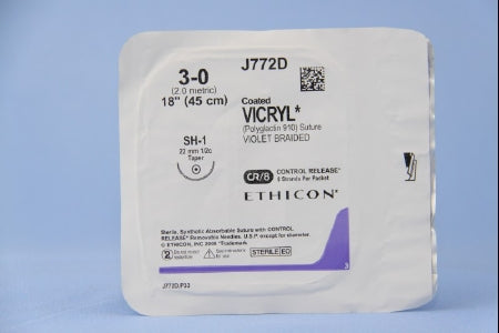 J & J Healthcare Systems Coated Vicryl Suture with Needle Absorbable Coated Violet Suture Braided Polyglactin 910 Size 3-0 18 Inch Suture 1-Needle 22 mm Length 1/2 Circle Taper Point Needle - J772D