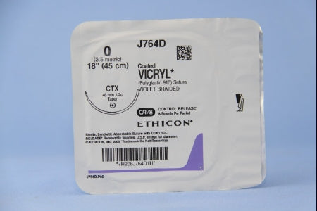 Coated Vicryl - Suture with Needle Absorbable Coated Violet Suture Braided Polyglactin 910 Size 0 18 Inch Suture 1-Needle 48 mm Length 1/2 Circle Taper Point Needle - J764D