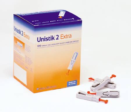 Owen Mumford Unistik 2 Extra Safety Lancet Fixed Depth Lancet Needle 3.0 mm Depth 21 Gauge Pressure Activated - AT 0712